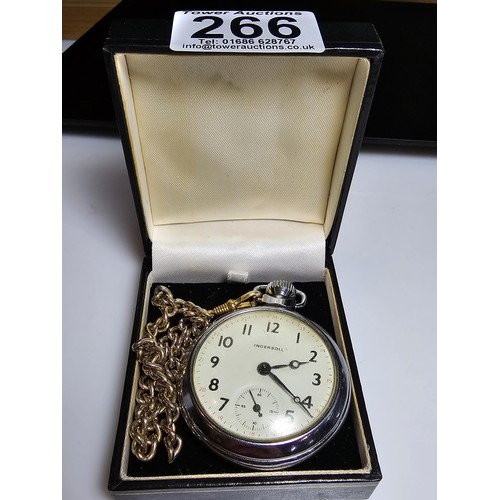 266 - A vintage chrome Ingersoll pocketwatch complete with chain and display box, has been tested for a sh... 