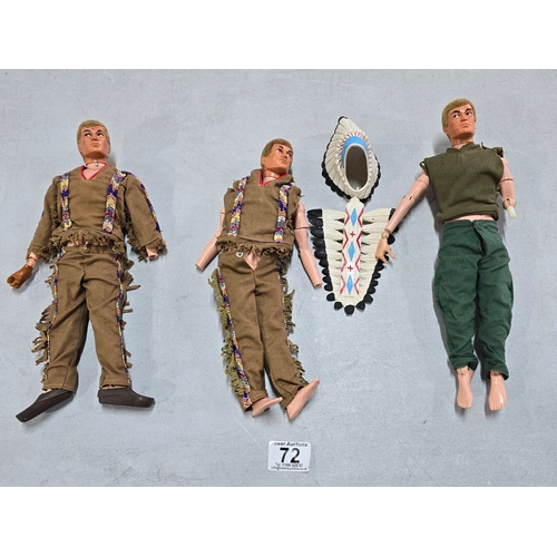 72 - Early 1960's / 70's 3x Palitoy Action man figures all with eagle eyes and flock heads, includes 2x i... 