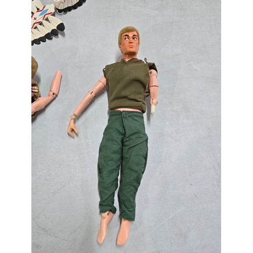 72 - Early 1960's / 70's 3x Palitoy Action man figures all with eagle eyes and flock heads, includes 2x i... 