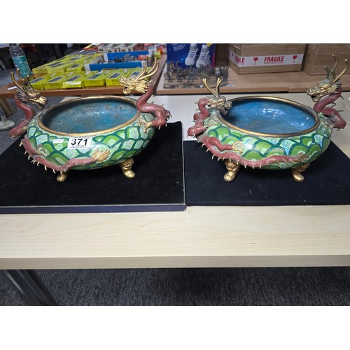 371 - Pair of fine quality antique Chinese bronze cloisonne enamel dragon bowls presenting highly detailed... 