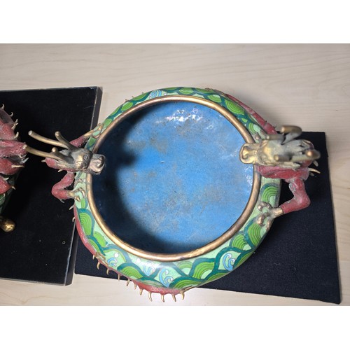 371 - Pair of fine quality antique Chinese bronze cloisonne enamel dragon bowls presenting highly detailed... 