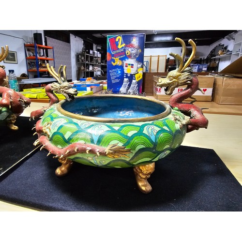 371 - Pair of fine quality antique Chinese bronze cloisonne enamel dragon bowls presenting highly detailed... 