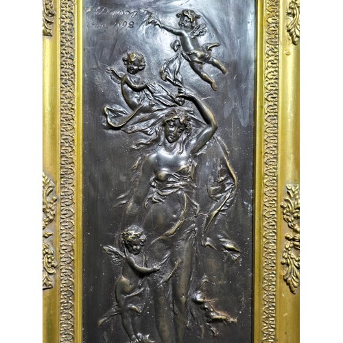 372 - Fine quality antique bronze plaque by J.Duquesne mounted in a good gilt frame depicting a scene of A... 