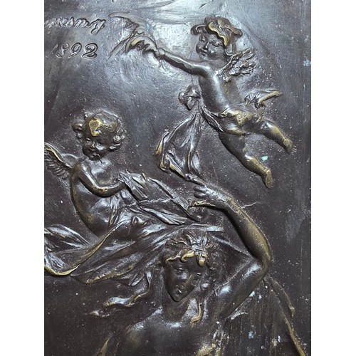 372 - Fine quality antique bronze plaque by J.Duquesne mounted in a good gilt frame depicting a scene of A... 