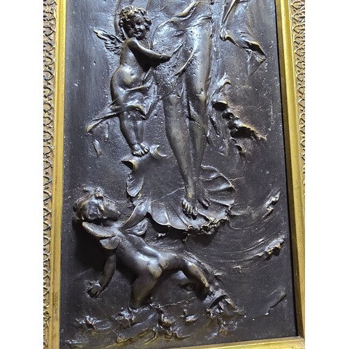 372 - Fine quality antique bronze plaque by J.Duquesne mounted in a good gilt frame depicting a scene of A... 