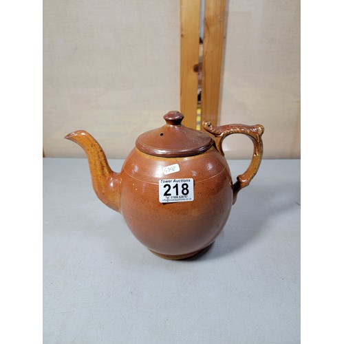 218 - Good quality earthenware hand made teapot with detailed handle, in very good all round condition sta... 