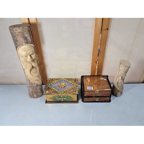 228 - 2x solid wooden men of the forest carvings, along with a burr walnut jewellery box and a decorated w... 