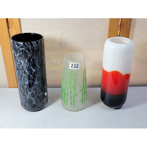 232 - 3x tall decorative vases inc a mottled black vase, a  bamboo coloured vase and multi coloured white ... 