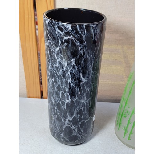 232 - 3x tall decorative vases inc a mottled black vase, a  bamboo coloured vase and multi coloured white ... 