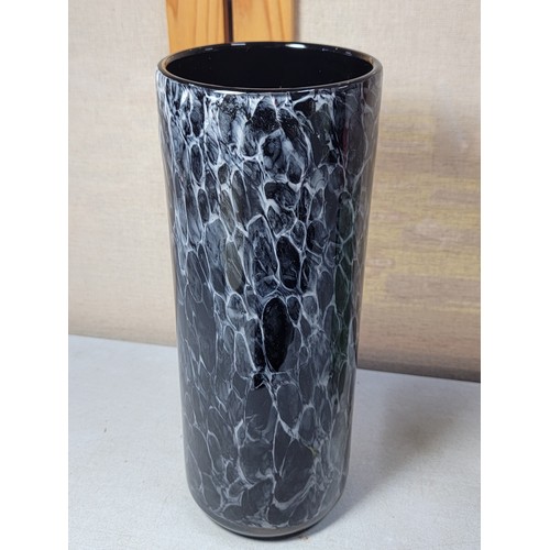 232 - 3x tall decorative vases inc a mottled black vase, a  bamboo coloured vase and multi coloured white ... 