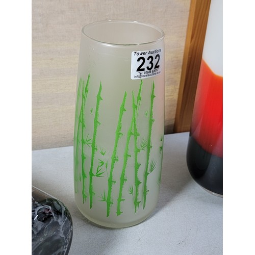 232 - 3x tall decorative vases inc a mottled black vase, a  bamboo coloured vase and multi coloured white ... 