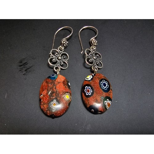 278 - A pair of good sterling silver Murano drop earrings with a millefiori and aventurine design, the ear... 