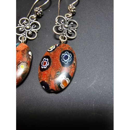 278 - A pair of good sterling silver Murano drop earrings with a millefiori and aventurine design, the ear... 