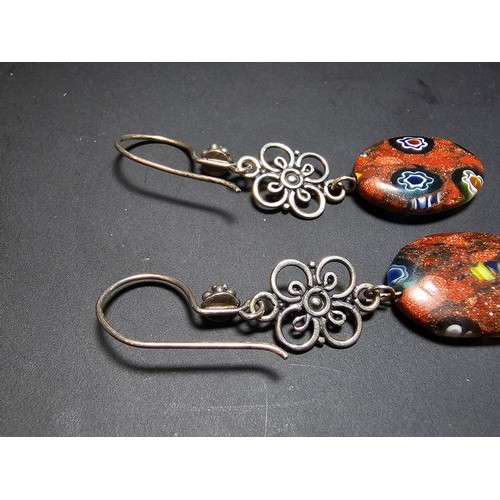 278 - A pair of good sterling silver Murano drop earrings with a millefiori and aventurine design, the ear... 