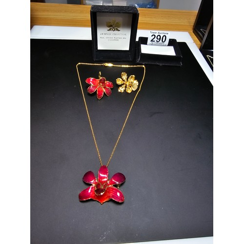 290 - A la belle collection orchid 24K gold plate brooch along with an 18k gold plate enamel pendant neckl... 