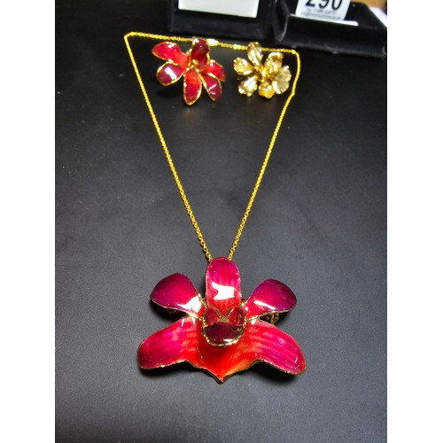 290 - A la belle collection orchid 24K gold plate brooch along with an 18k gold plate enamel pendant neckl... 