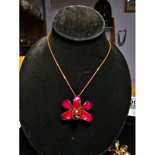 290 - A la belle collection orchid 24K gold plate brooch along with an 18k gold plate enamel pendant neckl... 