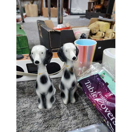 398 - 2 boxes of interesting collectables, inc a good pair of tall ceramic dalmation dogs, glass ware, cer... 