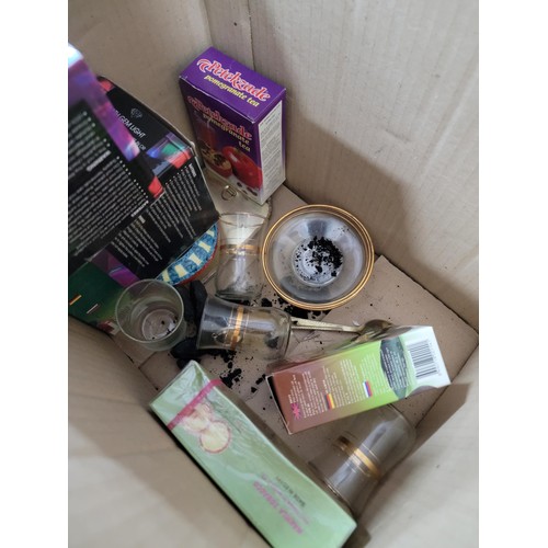 408 - box of boxed teas along with turkish pepper grinder set and other collectables