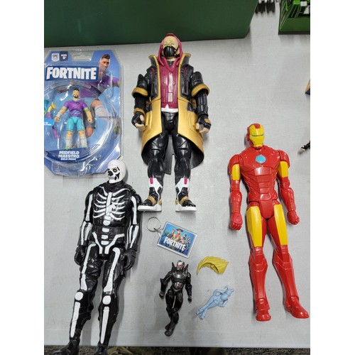 409 - A box of toy items including large Marvel figures (Spiderman, Iron Man), transformers, and Fortnite ... 