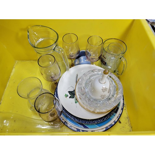 415 - 2 x plastic tubs of many ceramic high quality items cups saucers glassware etc