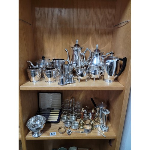 434 - Vast qty of silver plated ware with pickle jars, cruet sets, coffee & tea pots, water pot, butter kn... 