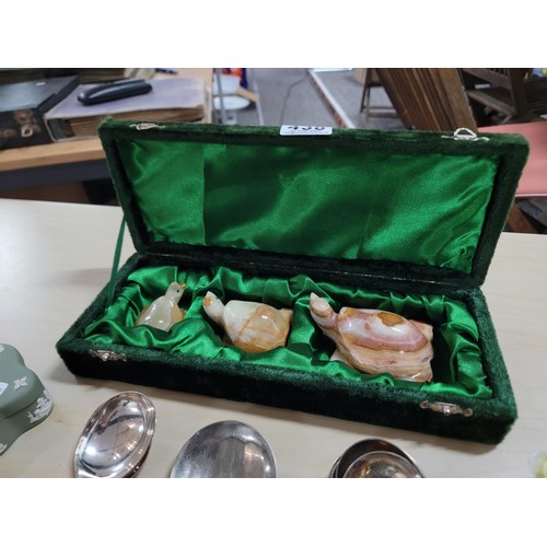 438 - Unusual vintage boxed set of 3 marble turtles along with plated cutlery and 2 trinket dishes