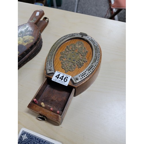 446 - A selection of 3 vintage items to include an antique oak horseshoe formed cribbage game complete, sm... 