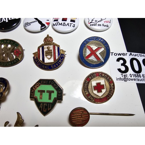 309 - A suite of approx 23x pin badges and button badges which includes some button badges relating to fam... 