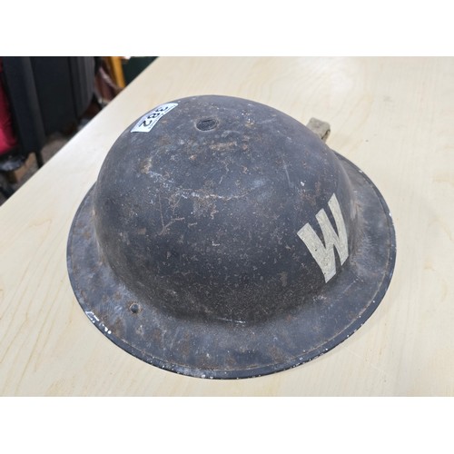 382 - Genuine WWII air raid wardens metal helmet with a W marked to front and rear an interesting piece of... 