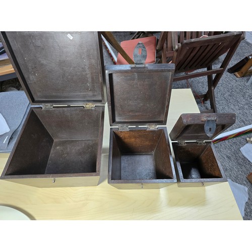 385 - Good quality vintage set of 3 solid wood graduated boxes all with fitted iron clasps, and all have a... 