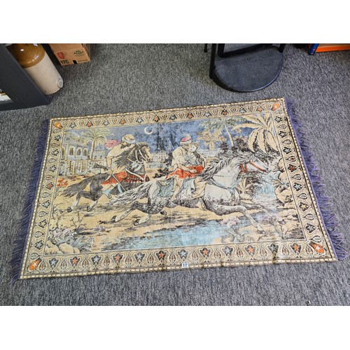 517 - Vintage hand knotted rug depicting a scene of the bride kidnapping in good clean condition length of... 