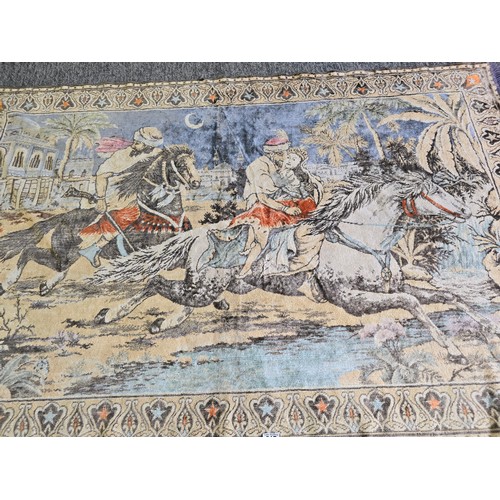 517 - Vintage hand knotted rug depicting a scene of the bride kidnapping in good clean condition length of... 