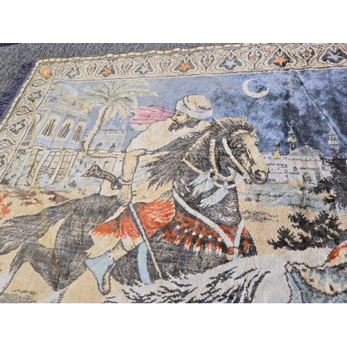 517 - Vintage hand knotted rug depicting a scene of the bride kidnapping in good clean condition length of... 