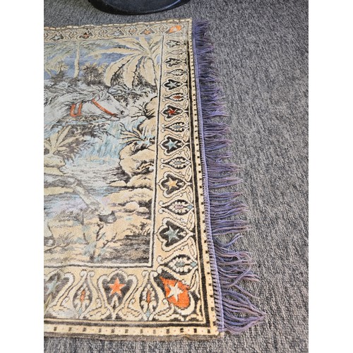 517 - Vintage hand knotted rug depicting a scene of the bride kidnapping in good clean condition length of... 