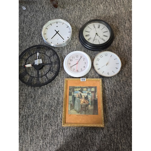 518 - Collection of 5 various wall clocks inc a radio controlled clock along with a linen picture titled W... 