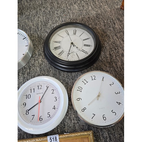 518 - Collection of 5 various wall clocks inc a radio controlled clock along with a linen picture titled W... 