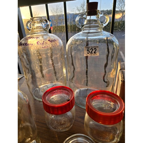 522 - Quantity of various glass jars and demijohns to include a set of 4x kilner jars a boxed set of 6 cor... 