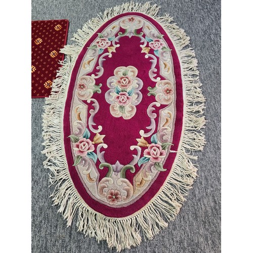 524 - Oriental hand knotted thick pile rug along with a red runner rug and a red leather kneeler, the orie... 