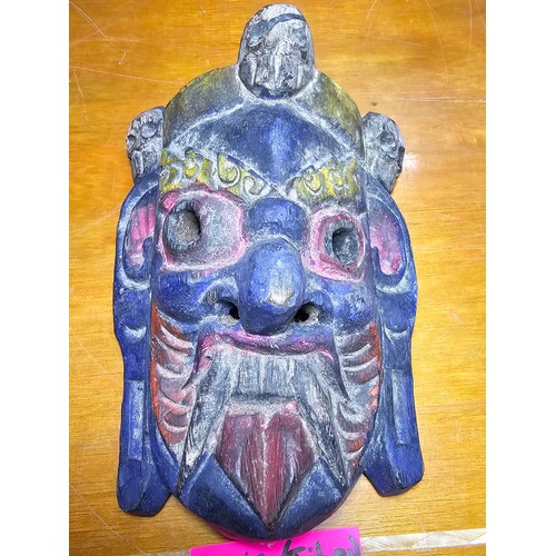 375 - A good vintage Tibetan Mahakala protective spirit mask crowned with 3 citipati heads. In good condit... 