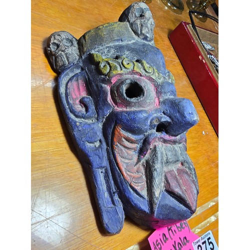 375 - A good vintage Tibetan Mahakala protective spirit mask crowned with 3 citipati heads. In good condit... 