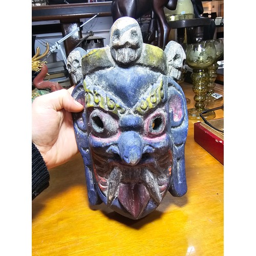 375 - A good vintage Tibetan Mahakala protective spirit mask crowned with 3 citipati heads. In good condit... 