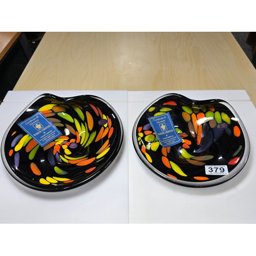 379 - Pair of stunning quality matching genuine Murano white crystal bowls with a multi colour design both... 