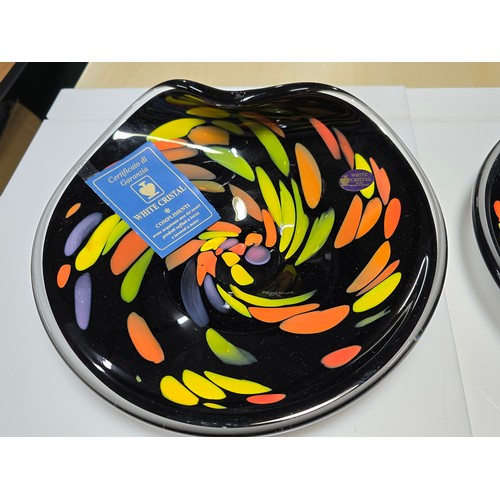 379 - Pair of stunning quality matching genuine Murano white crystal bowls with a multi colour design both... 