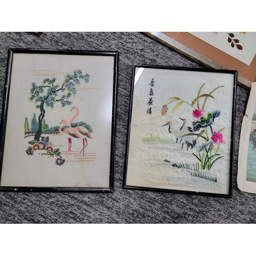 85 - Collection of framed and glazed pictures inc owl pictures, embroidery scenes of cranes and flamingos... 