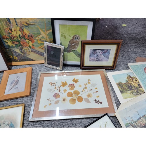 85 - Collection of framed and glazed pictures inc owl pictures, embroidery scenes of cranes and flamingos... 