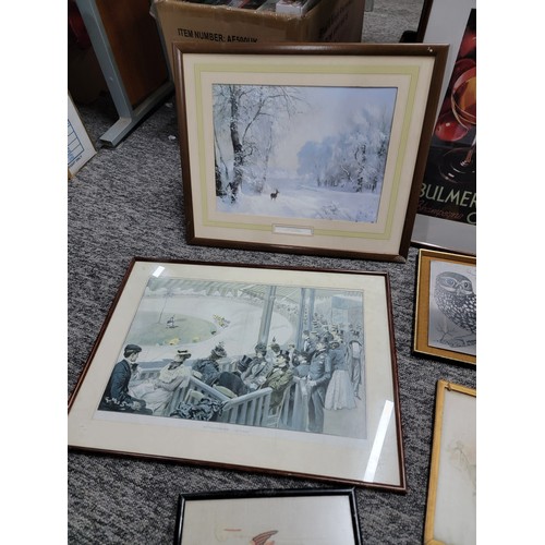 85 - Collection of framed and glazed pictures inc owl pictures, embroidery scenes of cranes and flamingos... 