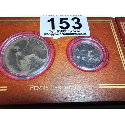 153 - A set of 3x coins sets set in wooden plinths by British coin treasure collection which includes from... 