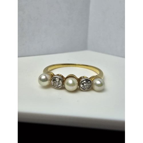 264 - A fine quality 18ct yellow gold pearl and diamond ring inset with 2 large diamonds, combined weight ... 