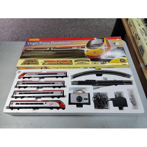 39 - Boxed Hornby Virgin Trains Pendolino set complete with engines and carriages, power unit etc (track ... 